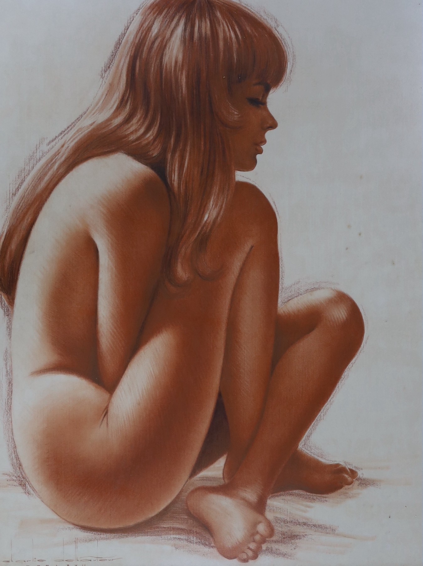 Charlie Delhauteur (b.1919), sanguine chalk, Seated female nude, signed and dated 1967, 65 x 49cm